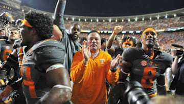 Oct 10, 2015; Knoxville, TN, USA; Tennessee Volunteers head coach Butch Jones celebrates with his team after defeating the Georgia Bulldogs during the second half at Neyland Stadium. Tennessee won 38-31. Mandatory Credit: Jim Brown-USA TODAY Sports