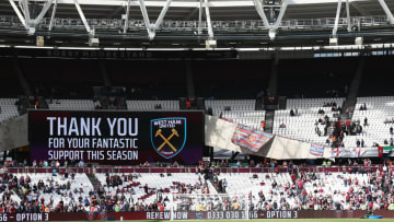 STRATFORD, ENGLAND - MAY 14: A message for the West Ham United fans is seen on the LED screen inside the stadium after the Premier League match between West Ham United and Liverpool at London Stadium on May 14, 2017 in Stratford, England. (Photo by Jan Kruger/Getty Images)