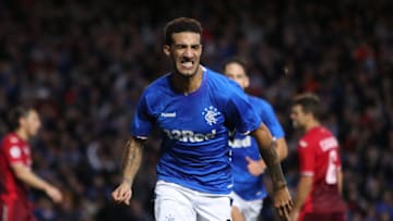 GLASGOW, SCOTLAND - AUGUST 23: Connor Goldson of Rangers celebrates after scoring his team's opening goal during the first leg of the UEFA Europa League Play Off match between Rangers and FC Ufa at Ibrox Stadium on August 23, 2018 in Glasgow, Scotland. (Photo by Ian MacNicol/Getty Images)