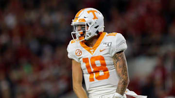 TUSCALOOSA, ALABAMA - OCTOBER 19: Brian Maurer #18 of the Tennessee Volunteers reacts after rushing for a touchdown against the Alabama Crimson Tide in the first half at Bryant-Denny Stadium on October 19, 2019 in Tuscaloosa, Alabama. (Photo by Kevin C. Cox/Getty Images)