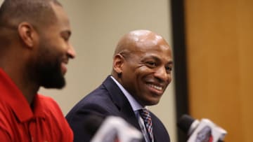 NEW ORLEANS, LA - FEBRUARY 22: Dell Demps, GM of the New Orleans Pelicans, talks to the media during a press conference on February 22, 2017 at the Smoothie King Center in New Orleans, Louisiana. NOTE TO USER: User expressly acknowledges and agrees that, by downloading and or using this Photograph, user is consenting to the terms and conditions of the Getty Images License Agreement. Mandatory Copyright Notice: Copyright 2017 NBAE (Photo by Layne Murdoch/NBAE via Getty Images)