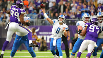 MINNEAPOLIS, MN - OCTOBER 1: Matthew Stafford #9 of the Detroit Lions passes the ball in the first quarter of the game against the Minnesota Vikings on October 1, 2017 at U.S. Bank Stadium in Minneapolis, Minnesota. (Photo by Adam Bettcher/Getty Images)