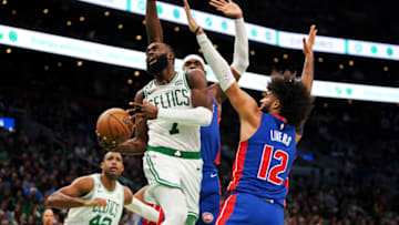 Jaylen Brown #7 of the Boston Celtics drives to the basket against Isaiah Livers #12 of the Detroit Pistons (Photo by Omar Rawlings/Getty Images)