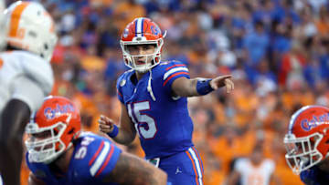 Sep 16, 2023; Gainesville, Florida, USA; Florida Gators quarterback Graham Mertz (15) points against the Tennessee Volunteers during the first quarter at Ben Hill Griffin Stadium. Mandatory Credit: Kim Klement Neitzel-USA TODAY Sports