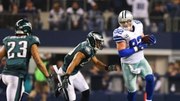 Dec 29, 2013; Arlington, TX, USA; Dallas Cowboys tight end Jason Witten (82) runs after a reception against the Philadelphia Eagles at AT&T Stadium. Mandatory Credit: Matthew Emmons-USA TODAY Sports