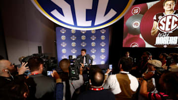 NASHVILLE, TENNESSEE - JULY 18: Will Rogers #2 of the Mississippi State Bulldogs speaks during Day 2 of the 2023 SEC Media Days at Grand Hyatt Nashville on July 18, 2023 in Nashville, Tennessee. (Photo by Johnnie Izquierdo/Getty Images)