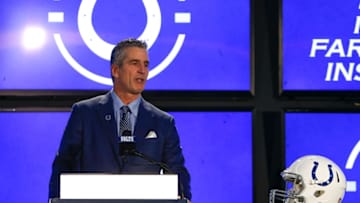 INDIANAPOLIS, IN - FEBRUARY 13: Head coach Frank Reich of the Indianapolis Colts addresses the media during his introductory press conference at Lucas Oil Stadium on February 13, 2018 in Indianapolis, Indiana. (Photo by Michael Reaves/Getty Images)