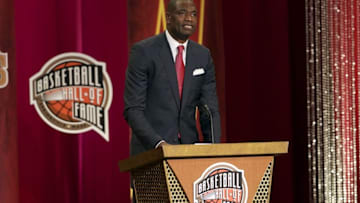 Sep 11, 2015; Springfield, MA, USA; Dikembe Mutombo speaks during the 2015 Naismith Memorial Basketball Hall of Fame Enshrinement Ceremony at Springfield Symphony Hall. Mandatory Credit: David Butler II-USA TODAY Sports