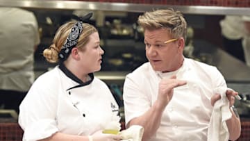 HELL'S KITCHEN: L-R: Contestant Amber and chef/host Gordon Ramsay in the "It's Time!” episode of HELL'S KITCHEN airing Thursday, April 1 (8:00-9:00 PM ET/PT) on FOX. CR: Scott Kirkland / FOX. © 2021 FOX MEDIA LLC.