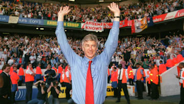 LONDON, ENGLAND - APRIL 25: Manager Arsene Wenger celebrates Arsenal winning the Premier League after the match between Tottenham and Arsenal at White Hart Lane on April 25, 2004 in London, England. (Photo by Stuart MacFarlane/Arsenal FC via Getty Images)