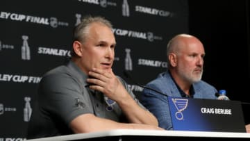 BOSTON, MASSACHUSETTS - MAY 26: Head coach Craig Berube and General Manager Doug Armstrong of the St. Louis Blues speak during Media Day ahead of the 2019 NHL Stanley Cup Final at TD Garden on May 26, 2019 in Boston, Massachusetts. (Photo by Bruce Bennett/Getty Images)