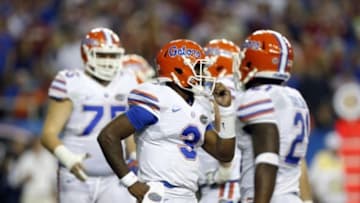Dec 5, 2015; Atlanta, GA, USA; Florida Gators quarterback Treon Harris (3) reacts during the fourth quarter of the 2015 SEC Championship Game against the Alabama Crimson Tide at the Georgia Dome. Mandatory Credit: Jason Getz-USA TODAY Sports