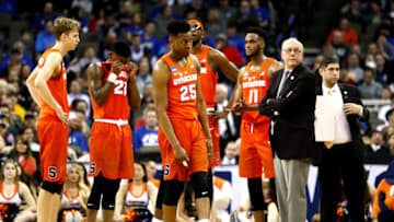 OMAHA, NE - MARCH 23: Head coach Jim Boeheim of the Syracuse Orange speaks to his team during a timeout against the Duke Blue Devils during the second half in the 2018 NCAA Men's Basketball Tournament Midwest Regional at CenturyLink Center on March 23, 2018 in Omaha, Nebraska. (Photo by Jamie Squire/Getty Images)