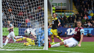 BURNLEY, ENGLAND - AUGUST 10: Johann Berg Gudmundsson of Burnley scores his team's third goal during the Premier League match between Burnley FC and Southampton FC at Turf Moor on August 10, 2019 in Burnley, United Kingdom. (Photo by Stu Forster/Getty Images)