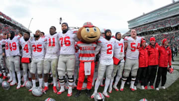 Nov 19, 2016; East Lansing, MI, USA; Ohio State Buckeyes celebrate a win over the Michigan State Spartans after a game at Spartan Stadium. Mandatory Credit: Mike Carter-USA TODAY Sports