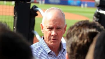 May 27, 2014; New York, NY, USA; New York Mets general manager Sandy Alderson talks to the media before a game against the Pittsburgh Pirates at Citi Field. Mandatory Credit: Brad Penner-USA TODAY Sports