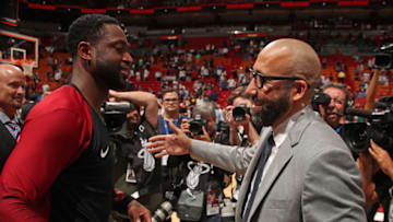 MIAMI, FL - OCTOBER 24: Dwyane Wade #3 of the Miami Heat and head coach David Fizdale of the New York Knicks share a moment after the game between the Miami Heat and the New York Knicks on October 24, 2018 at American Airlines Arena in Miami, Florida. NOTE TO USER: User expressly acknowledges and agrees that, by downloading and/or using this photograph, User is consenting to the terms and conditions of the Getty Images License Agreement. Mandatory Copyright Notice: Copyright 2018 NBAE (Photo by Issac Baldizon/NBAE via Getty Images)