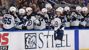 Jan 29, 2022; St. Louis, Missouri, USA; Winnipeg Jets left wing Kyle Connor (81) is congratulated after scoring a goal against the St. Louis Blues during the second period at Enterprise Center. Mandatory Credit: Joe Puetz-USA TODAY Sports