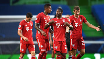 David Alaba, Thomas Muller and Jerome Boateng, FC Bayern Munich. (Photo by Franck Fife/Pool via Getty Images)