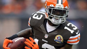 Dec 9, 2012; Cleveland, OH, USA; Cleveland Browns wide receiver Josh Gordon (13) runs for a first down after a catch in the first quarter against the Kansas City Chiefs at Cleveland Browns Stadium. Mandatory Credit: David Richard-USA TODAY Sports