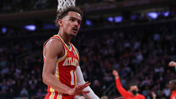 Mar 22, 2022; New York, New York, USA; Atlanta Hawks guard Trae Young (11) gestures towards the crowd during the first half against the New York Knicks at Madison Square Garden. Mandatory Credit: Vincent Carchietta-USA TODAY Sports