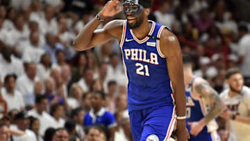 MIAMI, FL - APRIL 19: Joel Embiid #21 of the Philadelphia 76ers reacts after hitting a three pointer in the third quarter against the Miami Heat at American Airlines Arena on April 19, 2018 in Miami, Florida. NOTE TO USER: User expressly acknowledges and agrees that, by downloading and or using this photograph, User is consenting to the terms and conditions of the Getty Images License Agreement. (Photo by Eric Espada/Getty Images)