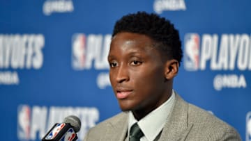 CLEVELAND, OH - APRIL 29: Victor Oladipo #4 of the Indiana Pacers speaks during the post-game press conference after Game Seven of Round One against the Cleveland Cavaliers of the 2018 NBA Playoffs on April 29, 2018 at Quicken Loans Arena in Cleveland, Ohio. NOTE TO USER: User expressly acknowledges and agrees that, by downloading and or using this Photograph, user is consenting to the terms and conditions of the Getty Images License Agreement. Mandatory Copyright Notice: Copyright 2018 NBAE (Photo by David Liam Kyle/NBAE via Getty Images)