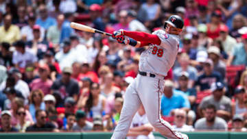 BOSTON, MA - JULY 29: Logan Morrison #99 of the Minnesota Twins bats during the game against the Boston Red Sox at Fenway Park on Sunday, July 29, 2018 in Boston, Massachusetts. (Photo by Rob Tringali/MLB Photos via Getty images)