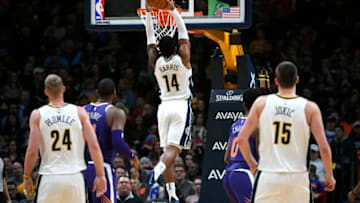 DENVER, CO - JANUARY: Denver Nuggets guard Gary Harris dunks the ball during the first half of an NBA game against the Phoenix Suns at Pepsi Center on January 3, 2018 in Denver, Colorado. The Nuggets beat the Suns 134-111. (Photo by Helen H. Richardson/The Denver Post via Getty Images)