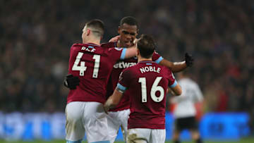 LONDON, ENGLAND - FEBRUARY 22: Issa Diop celebrates with Declan Rice and Mark Noble of West Ham United during the Premier League match between West Ham United and Fulham FC at London Stadium on February 22, 2019 in London, United Kingdom. (Photo by Catherine Ivill/Getty Images)