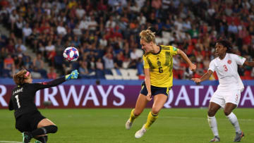 PARIS, FRANCE - JUNE 24: Stephanie Labbe of Canada saves from Magdalena Eriksson of Sweden during the 2019 FIFA Women's World Cup France Round Of 16 match between Sweden and Canada at Parc des Princes on June 24, 2019 in Paris, France. (Photo by Laurence Griffiths/Getty Images)