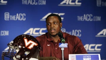 Jul 20, 2014; Greensboro, NC, USA; Virginia Tech Hokies defensive tackle Luther Maddy addresses the media during the ACC football media day at the Grandover Resort. Mandatory Credit: Sam Sharpe-USA TODAY Sports