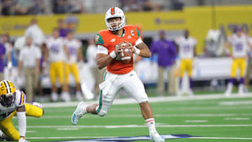 ARLINGTON, TX - SEPTEMBER 02: Miami (12) Malik Rosier Jr (QB) looks for a receiver in the AdvoCare Classic between the Miami Hurricanes and the LSU Tigers on September 2nd at AT&T Stadium in Arlington, TX. (Photo by John Bunch/Icon Sportswire via Getty Images)