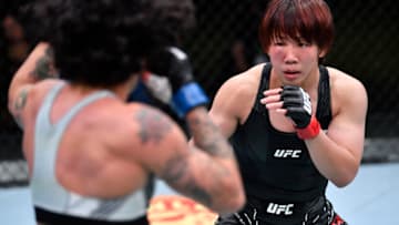 LAS VEGAS, NEVADA - JUNE 19: In this handout image provided by the UFC, Kanako Murata (R) of Japan battles Virna Jandiroba of Brazil in a strawweight bout during the UFC Fight Night event at UFC APEX on June 19, 2021 in Las Vegas, Nevada. (Photo by Chris Unger/Zuffa LLC)