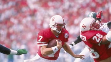 7 Sep 1996: Quarterback Scott Frost of the Nebraska Cornhuskers keeps his eyes up as he makes a cut into the open field during a touch down carry in the Cornhuskers 55-14 victory over the Michigan State Spartans at Memorial Stadium in Lincoln, Nebraska.