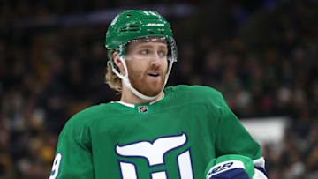 BOSTON, MASSACHUSETTS - MARCH 05: Dougie Hamilton #19 of the Carolina Hurricanes looks on during the first period against the Boston Bruins at TD Garden on March 05, 2019 in Boston, Massachusetts. (Photo by Maddie Meyer/Getty Images)