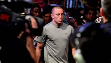 Feb 15, 2014; Jaragua do Sul, SC, Brazil; Georges St-Pierre before a fight between Ronaldo Souza (red gloves) and Francis Carmont (blue gloves) during UFC Fight Night Machida vs Mousasi at Arena Jaragua. Mandatory Credit: Jason Silva-USA TODAY Sports
