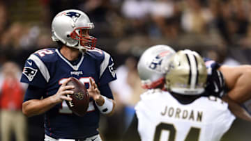 NEW ORLEANS, LA - AUGUST 22: Tom Brady #12 of the New England Patriots drops back to pass during the first quarter of a preseason game against the New Orleans Saints at the Mercedes-Benz Superdome on August 22, 2015 in New Orleans, Louisiana. (Photo by Stacy Revere/Getty Images)