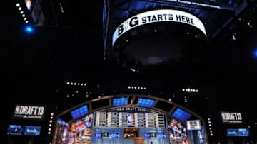 Jun 27, 2013; Brooklyn, NY, USA; A general view of the stage after the first round of the 2013 NBA Draft at the Barclays Center. Mandatory Credit: Joe Camporeale-USA TODAY Sports
