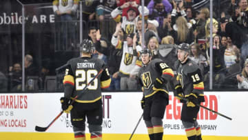 LAS VEGAS, NEVADA - DECEMBER 31: Jonathan Marchessault #81 of the Vegas Golden Knights celebrates after scoring a goal during the third period against the Anaheim Ducks at T-Mobile Arena on December 31, 2019 in Las Vegas, Nevada. (Photo by Jeff Bottari/NHLI via Getty Images)