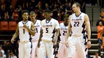 Jan 28, 2016; Champaign, IL, USA; Illinois Fighting Illini guard Jaylon Tate (1), guard Malcolm Hill (21), guard Jalen Coleman-Lands (5), guard Kendrick Nunn (25), and center Maverick Morgan (22) look on from the court against the Ohio State Buckeyes during the second half at State Farm Center. The Buckeyes won in overtime 68 to 63. Mandatory Credit: Mike Granse-USA TODAY Sports