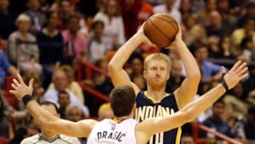Jan 4, 2016; Miami, FL, USA; Indiana Pacers forward Chase Budinger (10) is pressured by Miami Heat guard Goran Dragic (7) during the second half at American Airlines Arena. The Heat won 103-100. Mandatory Credit: Steve Mitchell-USA TODAY Sports