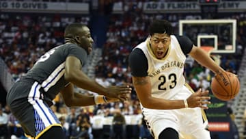 NEW ORLEANS, LA - OCTOBER 31: Anthony Davis #23 of the New Orleans Pelicans drives to the basket against Draymond Green #23 of the Golden State Warriors during a game at the Smoothie King Center on October 31, 2015 in New Orleans, Louisiana. NOTE TO USER: User expressly acknowledges and agrees that, by downloading and or using this photograph, User is consenting to the terms and conditions of the Getty Images License Agreement. (Photo by Stacy Revere/Getty Images)