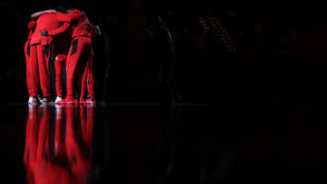 WASHINGTON, DC - APRIL 05: The Washington Wizards huddle before playing against the San Antonio Spurs during the first half at Capital One Arena on April 05, 2019 in Washington, DC. NOTE TO USER: User expressly acknowledges and agrees that, by downloading and or using this photograph, User is consenting to the terms and conditions of the Getty Images License Agreement. (Photo by Patrick Smith/Getty Images)