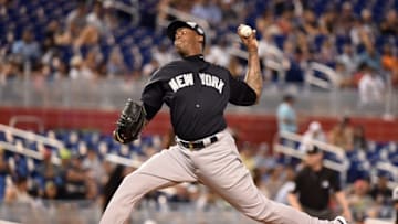 Apr 2, 2016; Miami, FL, USA; New York Yankees relief pitcher Aroldis Chapman (54) throws in the sixth inning during a spring training game against the Miami Marlins at Marlins Park. Mandatory Credit: Steve Mitchell-USA TODAY Sports