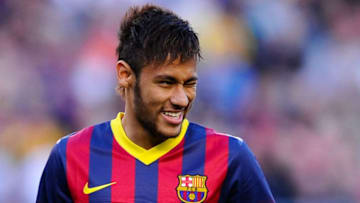 BARCELONA, SPAIN - APRIL 05: Neymar of FC Barcelona winks at his teammates during the La Liga match between FC Barcelona and Real Betis Balompie at Camp Nou on April 5, 2014 in Barcelona, Spain. (Photo by David Ramos/Getty Images)