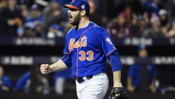 Nov 1, 2015; New York City, NY, USA; New York Mets starting pitcher Matt Harvey (33) reacts after retiring the Kansas City Royals in the 7th inning in game five of the World Series at Citi Field. Mandatory Credit: Robert Deutsch-USA TODAY Sports