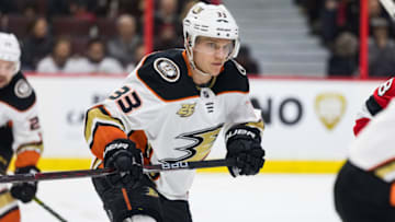 OTTAWA, ON - FEBRUARY 07: Anaheim Ducks Right Wing Jakob Silfverberg (33) reacts to a face-off during second period National Hockey League action between the Anaheim Ducks and Ottawa Senators on February 7, 2019, at Canadian Tire Centre in Ottawa, ON, Canada. (Photo by Richard A. Whittaker/Icon Sportswire via Getty Images)