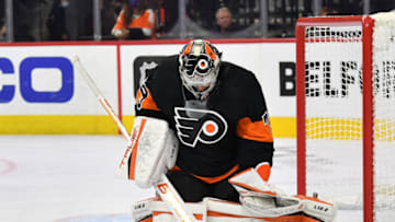 Nov 2, 2021; Philadelphia, Pennsylvania, USA; Philadelphia Flyers goaltender Carter Hart (79) makes a save against the Arizona Coyotes during the second period at Wells Fargo Center. Mandatory Credit: Eric Hartline-USA TODAY Sports