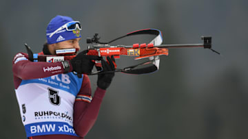 Russia's Anton Shipulin shoots during the warm-up shooting prior the men's 15 kilometer mass start competition at the Biathlon World Cup on January 14, 2018 in Ruhpolding, southern Germany. / AFP PHOTO / CHRISTOF STACHE (Photo credit should read CHRISTOF STACHE/AFP/Getty Images)